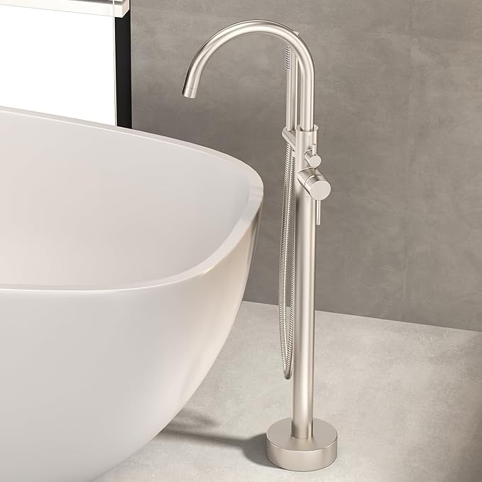 Freestanding Bathtub Faucet Waterfall Tub Filler Brushed Nickel Floor Mount Brass Single Handle Bathroom Faucets with Hand Shower (Electroplating color, Water in the side)