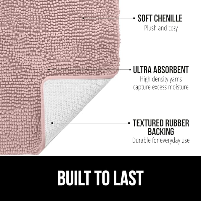 GORILLA GRIP Bath Rug Mat 30x20, Soft Absorbent Chenille, Quick Dry Microfiber Mats, Rubber Backing Washable Shower Floor Rugs, Bathmat Runner, US Designed Bathroom Home Decor Accessories Dusty Rose