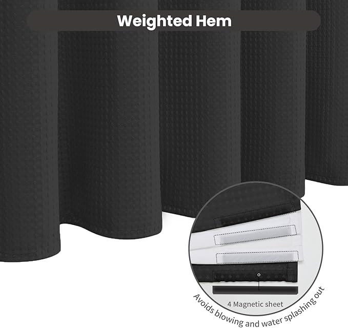 Inhousolu No Hook Waffle Weave Shower Curtain with Removable Snap in Fabric Liner Set for Bathroom, 230 GSM Heavy Duty Weighted Hem, Water Repellent Washable Bath Curtains, 72 x 84 Inch, Black