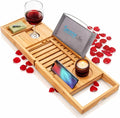 SereneLife Luxury Bamboo Bathtub Caddy Tray - Adjustable Natural Wood Bath Tub Organizer with Wine Holder, Cup Placement, Soap Dish, Book Space & Phone Slot for Spa, Bathroom & Shower SLBCAD20