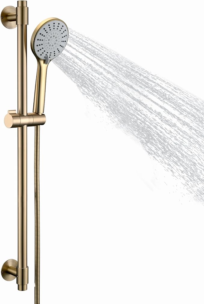Adjustable Shower Slide Bar with 5-Function Handheld Shower Head, Stainless Steel Drill-free Mounted Slide Bar Combo with Extra Hose (Brushed Gold)