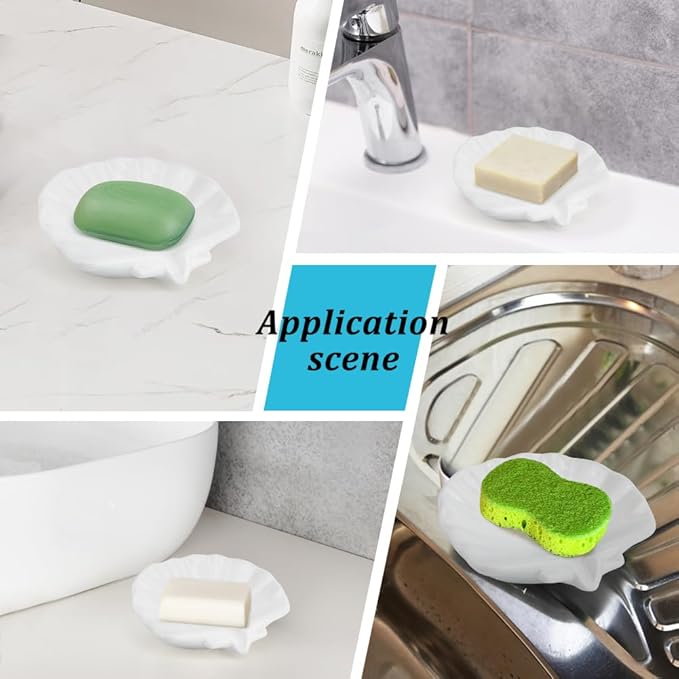 Ceramic Soap Holder, Sea-Shell Soap Tray with Self Draining, Soap Tray for Sink Washroom Bathroom Shower, Small Cute and Elegant Holder with Glaze, Easy Cleaning (White)