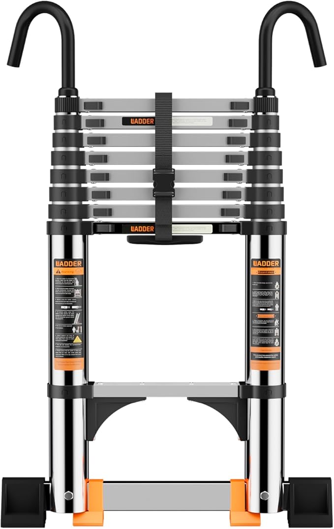 Telescoping Ladder,with Stable Hook and stabilizer barand,12.5 FT Extension Ladder, Heavy Duty 330lbs Max Capacity, Multi-Purpose Collapsible Ladder for RV or Outdoor Work (3.8M/12.5FT)