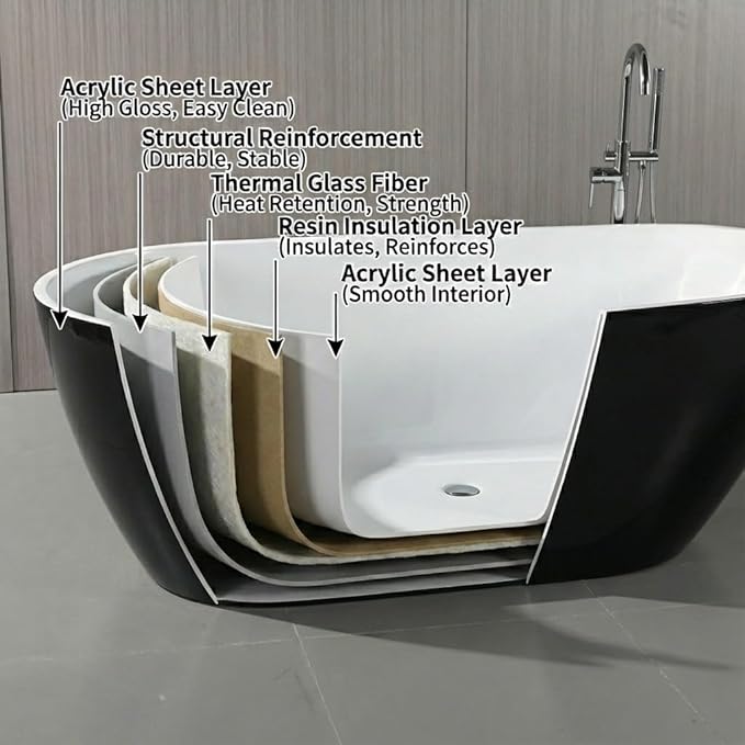 Bathtub with Upturned Ends, CUPC Chrome Drain and Overflow, White Interior and Black Exterior, Built-in Overflow, Fiber-Coated Fixing Bracket