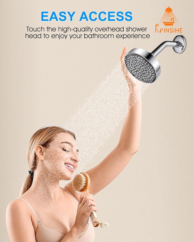 Fixed Shower Head Replacment, 1.8 GPM Fixed Showerhead Screw on Universal Shower Head for Bathroom with Flow Restrictor Fit G1/2" Easy Clean, 4" Round Chorme