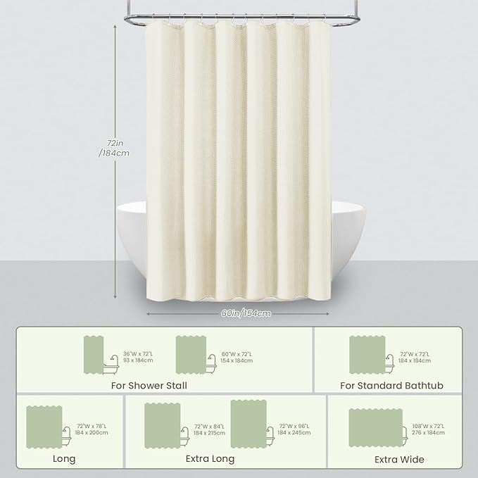Inhousolu Fabric Shower Curtain Waffle Weave, 230 GSM Heavy Duty, Weighted Hem, 12 Metal Hooks, Water Repellent, Machine Washable, Hotel Spa Luxury Bath Curtain Set, 60 x 72 Inch, Ivory