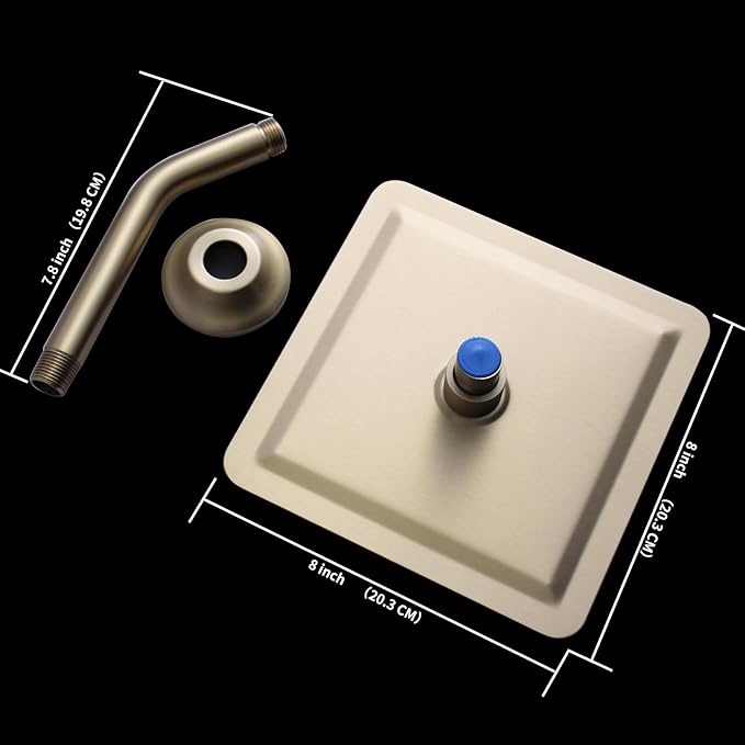 AYIVG Square 304 Stainless Steel 8 Inch Wall Mount Rain Shower head With Shower Arm And flange (Brushed Gold)