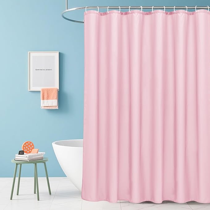 AooHome 48x72 inch Shower Liner, Small Size Fabric Solid Color Bathroom Curtain with Hooks, Weighted Hem, Water Repellent, Pink