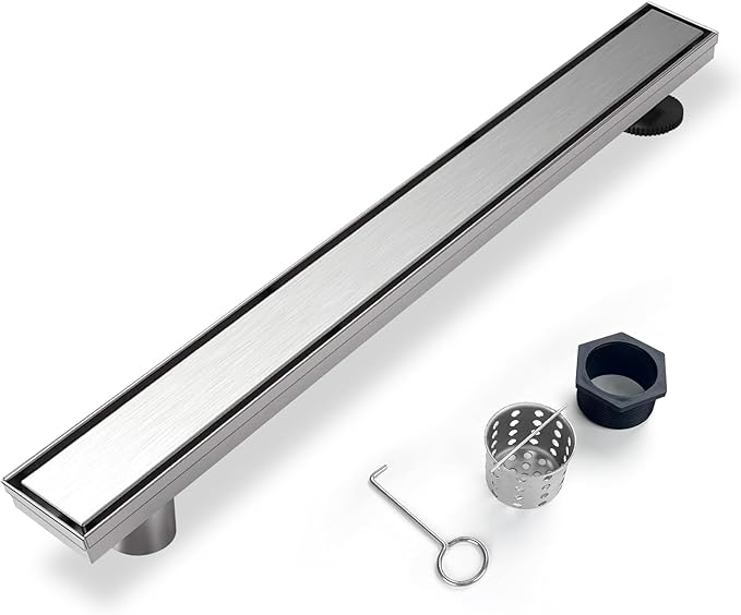 Offset Linear Shower Drain, Shower Drain 60 inch with 2-in-1 Tile Insert Cover, Brushed AISI 304 Stainless Steel Side Outlet Shower Floor Drain with Hair Catcher and Adjustable Feet