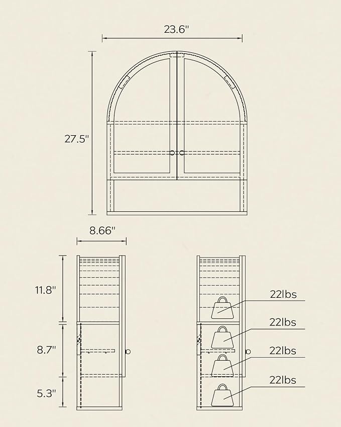 Arched Wall Cabinet with Acrylic Door, Large Wooden Wall Mounted Bathroom Cabinet, Modern Hanging Medicine Cabinet with Adjustable Shelf and Open Shelf, Brown/Oak