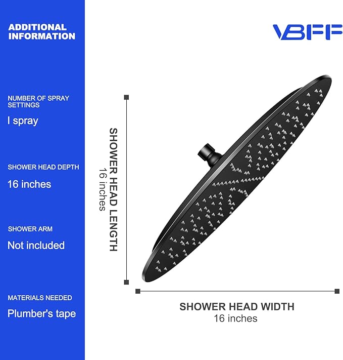 VBFF-Shower Head,rain shower head, 16 inch- Round Shower Head, 1.8 GPM Flow Rate, rainfall showerhead,VBFF14 (Matte Black)