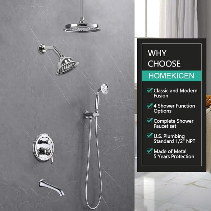 Dual Antique Shower Head System with Tub Spout: 9" Ceiling Mounted Rain & 6" Wall Mount Rainfall, Handheld Spray Vintage Faucet Set, 4 Way Diverter Brass Valve with Trim Kit, Chrome