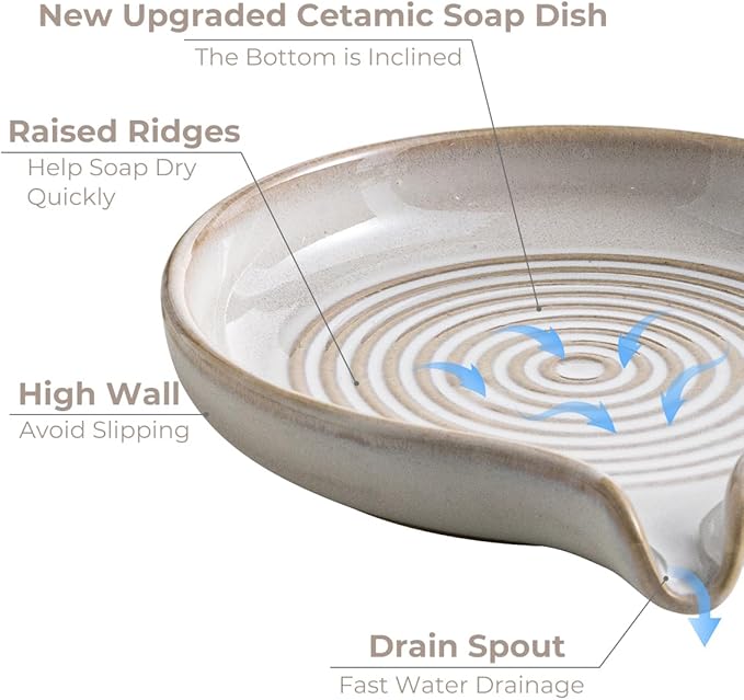 Soap Dish with Drain, Ceramic Soap Holder Self Draining Bar Soap Saver with Waterfall Design for Shower Bathroom Kitchen Sink Bathtub, Beige White
