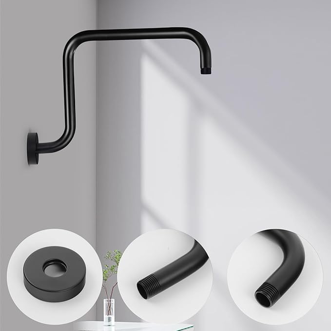 Shower Extension Arm, S shaped shower arm with Flange,Stainless Steel 13 Inch High Rise Shower Head Extender Arm,Matte Black,10Z3MK