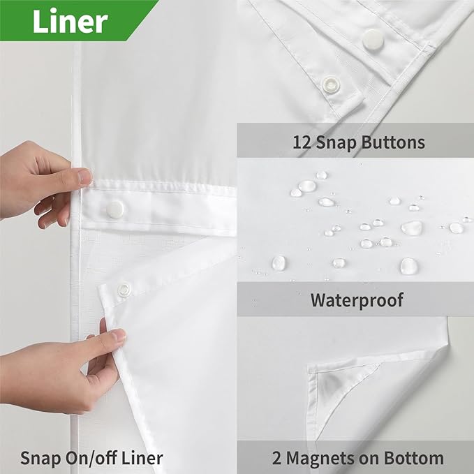 No Hooks Needed Linen Textured Shower Curtain with Snap-in Fabric Liner Set,White Hotel Luxury Decor Shower Curtains for Bathroom with Mesh Top Window,Waterproof & Washable,71Wx74H