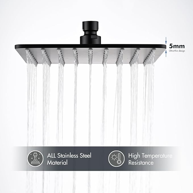 Rainfall Shower Head, MEDIOMI Rain Shower Head Set - Ultra-Thin Design High Flow Stainless Steel Large Square Rain Shower Heads with Shower Arm and Flange (8-Inch, Matte Black)