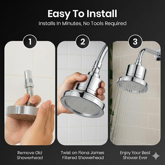 Fiona James Filtered Shower Head – High Pressure Shower Filter for Hard Water, Chlorine Removing, 20-Stage Filtration for Healthy Hair & Skin (Chrome)