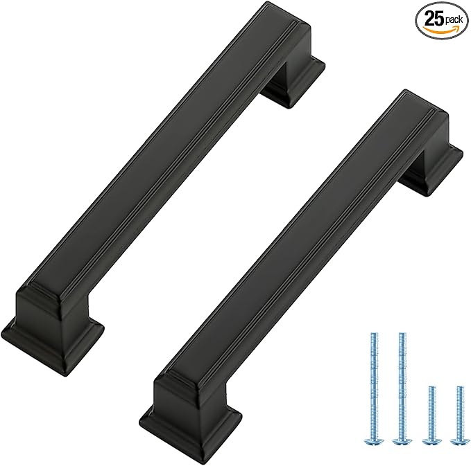 Ravinte Hardware 25 Pack Matte Black Cabinet Pulls, 3-3/4 Inch (96mm) Hole Center Zinc Alloy Drawer Handles for Kitchen Cabinets, Cupboards, Dressers, Square Solid Metal Hardware