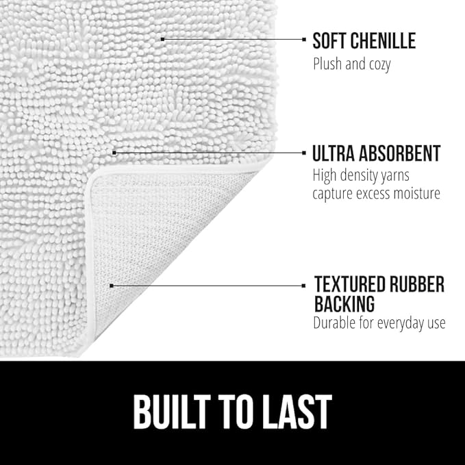 GORILLA GRIP Bathroom Rug Sets 3 Piece, Bath Mat Set and Oval Toilet Base with Rubber Backing, Plush Absorbent Shaggy Chenille Washable Mats, Includes 24x19.5, 24x17 and 36x24 Inch Rugs, White