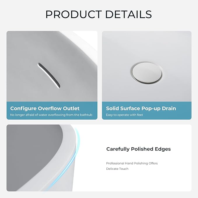 Premium 59" Solid Surface Freestanding Bathtub, Upgraded Oval Stone Resin Egg ShapeTub with Overflow and Pop-up Drain, Matte White