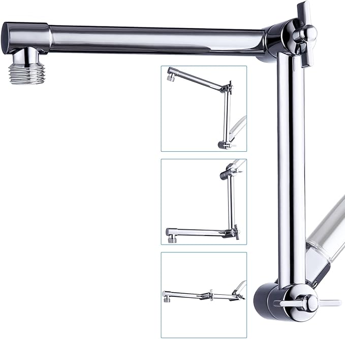 G-Promise 13 Inch Shower Head Extension Arm, Solid Brass Height & Angle Adjustable Extender, Rise or Lower Rainfall and Fixed Shower Head (Chrome)