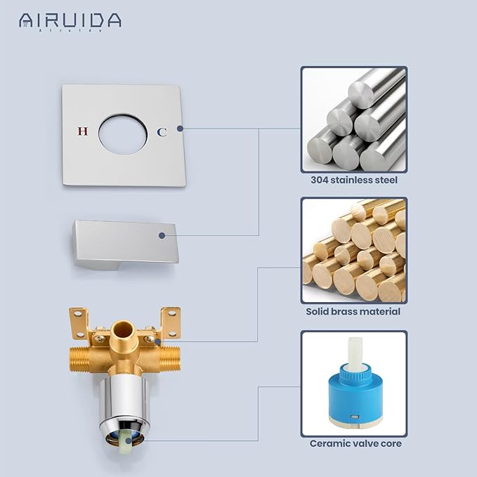Airuida Square Single-Function Brass Faucet Shower Rough-in Valve Male Thread Bathroom Trim Kit Single Handle Tub Shower Valve 4.3 Inch Cover Plate Chrome Polish