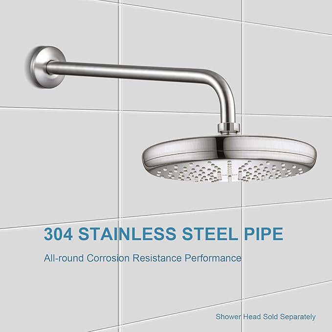 OFFO Shower Arm with Flange, 16 in Brushed Nickel Wall Mount Replacement Angle Shower Head Arm Wall-Mounted For Fixed Shower Head & Handheld Showerhead