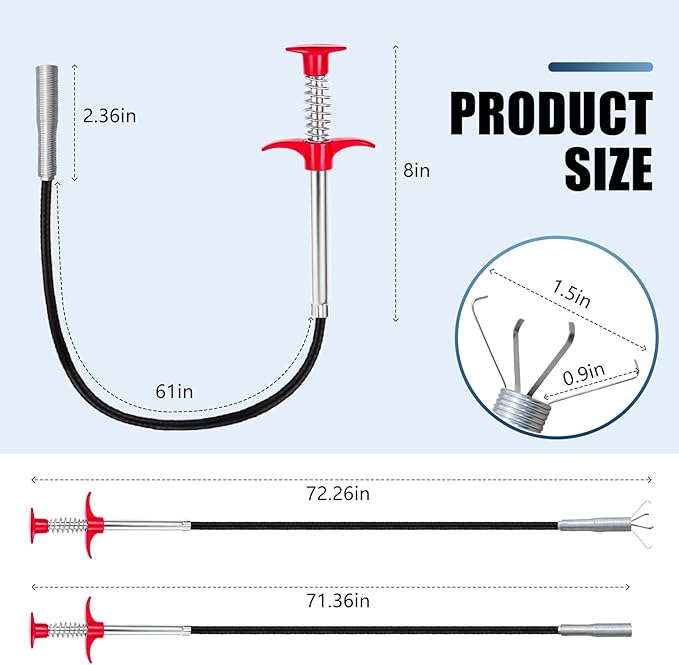 61 '' Flexible Grabber Claw (4 Claws), Drain Snake with Tweezers, Bendable Hose Grabber Reacher Tool, Retractable Drain Clog Remover Tool, Pickup Tool for Bath Tub, Toilet, Kitchen Sink & Sewer