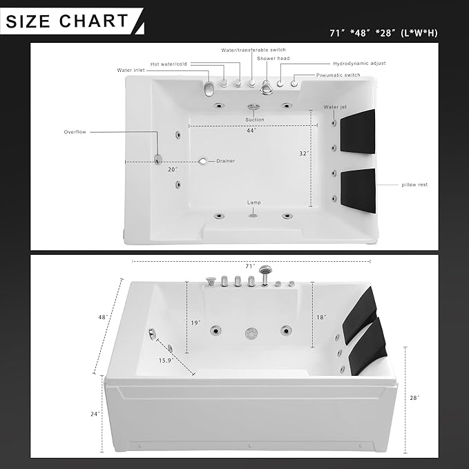Empava 1125W Whirlpool Tub,72" x 48" Jetted Bathtub for 2 Person, Hydro Massage & Chromatherapy,ETL Certified,3 Sided Apron,Acrylic ,110 Gallons,Left Drain