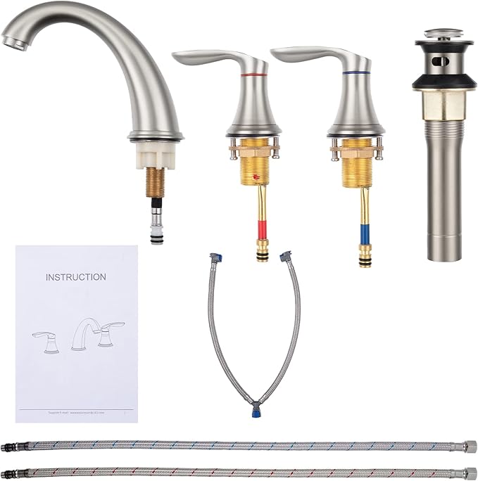 Bathroom Sink Faucet, Faucet for Bathroom Sink, Widespread Brushed Nickel Bathroom Faucet 3 Hole with Stainless Steel Pop Up Drain and cUPC Lead-Free Hose - (Brushed Nickel)