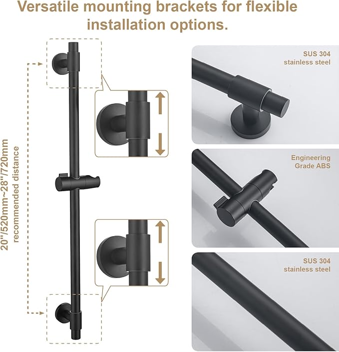 Adjustable Shower Slide Bar with 5-Function Handheld Shower Head, Stainless Steel Grab Slide Bar Combo with Extra Hose (Matte Black)