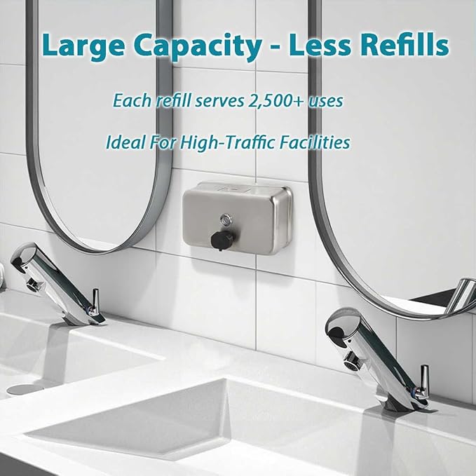 Commercial Soap Dispenser Wall Mount – Antirust Stainless Steel Soap Dispenser Liquid 38.8oz Large Capacity (Horizontal), Anti-Leak SUS304 Brushed Metal for Bathroom & High-Traffic Areas