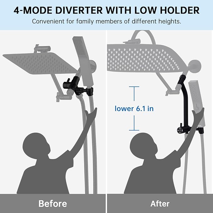 G-Promise All Metal 16 Inch Shower Head with Massage Mode Handheld, Rain Shower Head with Handheld Spray Combo, 3-Way Diverter with Pause Setting, 13 Inch Adjustable Extension Arm (Matte Black)