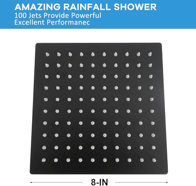 NearMoon Square Rain Shower Head With Extension Arm, Large Stainless Steel Rainfall Shower-Waterfall Full Body Coverage (8 Inch, Matte Black)