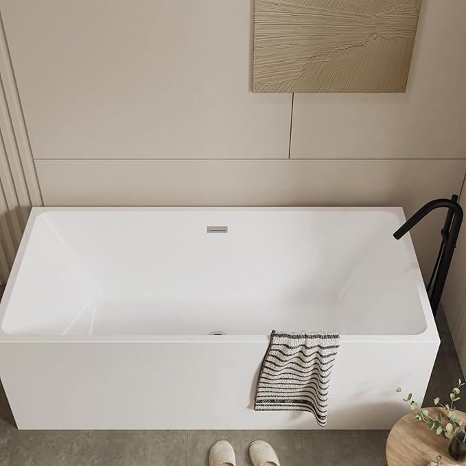67" Acrylic Freestanding Bathtub - Modern Rectangular Soaking Tub, Glossy White Finish, Chrome Linear Overflow & Drain Kit, CUPC Certified