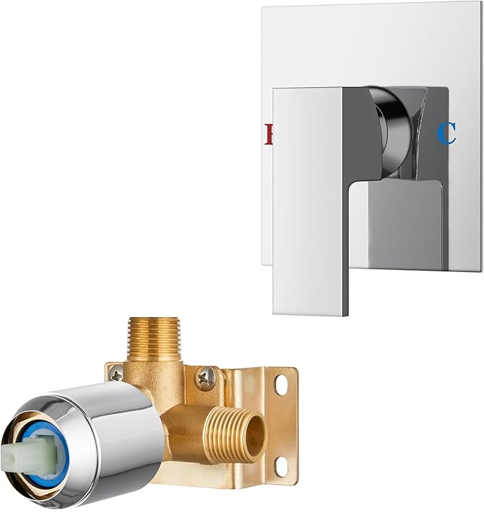 Airuida Square Single-Function Brass Faucet Shower Rough-in Valve Male Thread Bathroom Trim Kit Single Handle Tub Shower Valve 4.3 Inch Cover Plate Chrome Polish