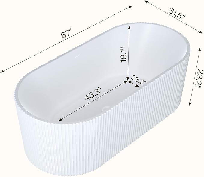 67" Acrylic Freestanding Soaking Bathtub, Matte Drain & Black Overflow, Contemporary Design Tub for Home Bathroom Renovations, Glossy White