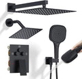 Shower Faucet Set Matte Black Shower System, Push Button Diverter 3-Way Shower Valve Kit, Wall Mount 12 Inch Overhead Shower Head with 6 Inch Side Spray Shower Head, 4 Modes Flow Handheld Shower