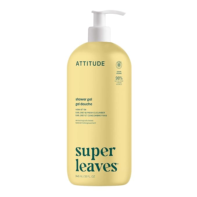 ATTITUDE Body Wash, EWG Verified Shower Gel, Dermatologically Tested, Plant and Mineral-Based, Vegan Personal Care Products, Earl Grey & Fresh Cucumber Scent, 32 Fl Oz