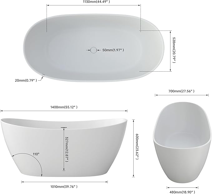 SJ STAR&JANE 55" Solid Surface Freestanding Bathtub Stone Resin Tub Oval Double Slippers Stand Alone Soaking Tub with Pop-up Drain and Overflow, Matte White