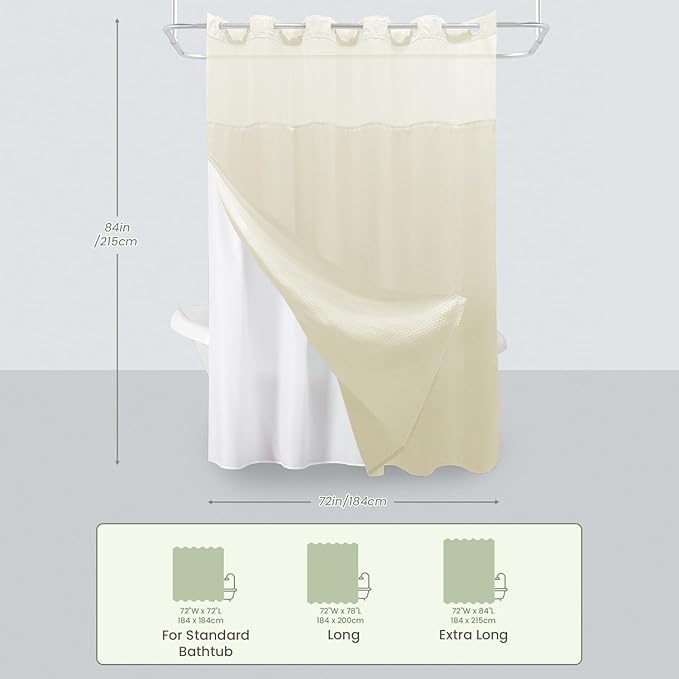 Inhousolu Extra Long No Hook Shower Curtain with Snap in Fabric Liner Set Waffle Weave 230GSM Weighted Hem, Waterproof & Washable Bathroom Curtain Spa Luxury with Mesh Top Window 72" W x 84" L Ivory