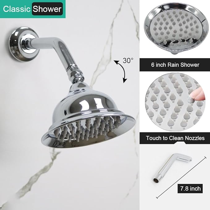 Dual Antique Shower Head System with Tub Spout: 9" Ceiling Mounted Rain & 6" Wall Mount Rainfall, Handheld Spray Vintage Faucet Set, 4 Way Diverter Brass Valve with Trim Kit, Chrome