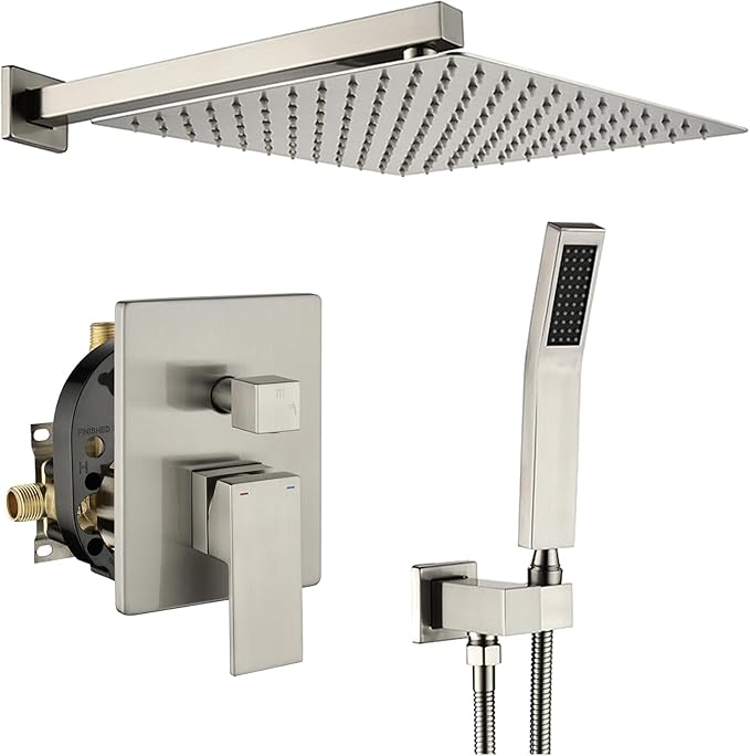 WELLFOR Wall Mounted Shower Faucet Set, Bathroom Showers Faucets, Shower System With 10" Square Rain Shower Head and Handheld, 2.5 GPM, Rough in Valve, Hot Cold Water, Single Handles (Brushed Nickel)
