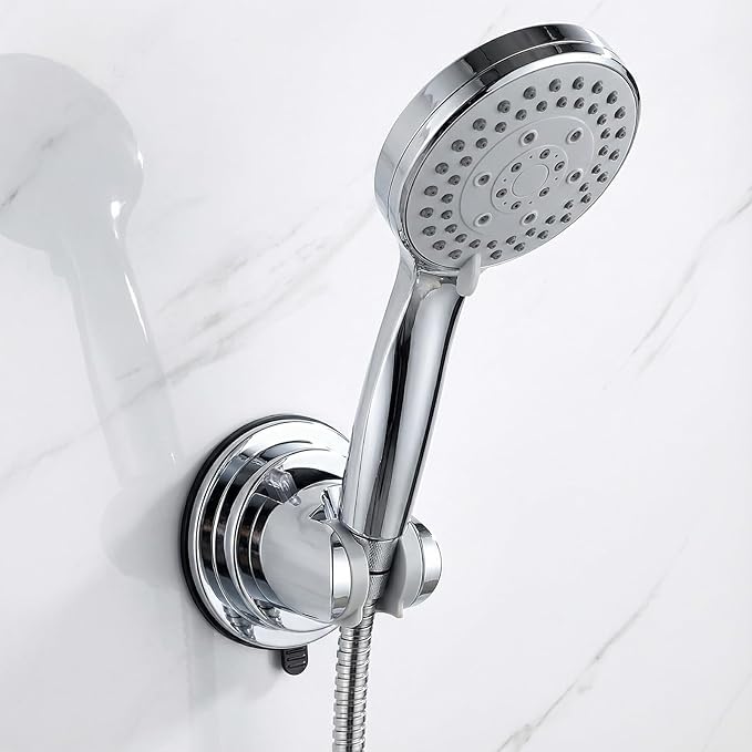 Shower Head Holder, No Drill Wall Mount Handheld Shower Wand Hose Holders Universal 360° Adjustable Removable Showers Head Holder Suction for Bathroom, Chrome Finish