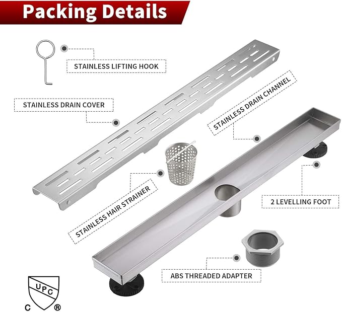 Sharp-tec Linear Shower Drain, 28 inch Shower Drain with Removable Pattern Cover, Brushed Nickel 304 Stainless Steel Rectangle Floor Drain, Adjustable Feet and Hair Strainer Included (Model 101)