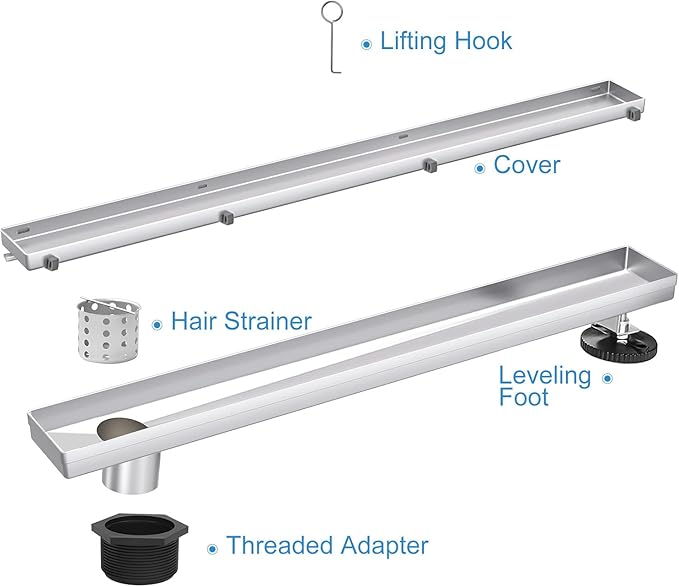 Offset Linear Shower Drain, Shower Drain 60 inch with 2-in-1 Tile Insert Cover, Brushed AISI 304 Stainless Steel Side Outlet Shower Floor Drain with Hair Catcher and Adjustable Feet