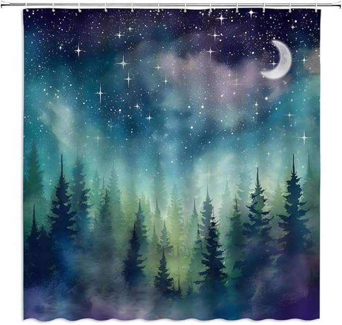 Forest Moon Shower Curtain Watercolor Misty Forest Fantasy Starry Sky Galaxy Nature Gothic Scenery Abstract Outdoor Bathroom Decor Curtains with Hooks, Purple 70" L x 108" W