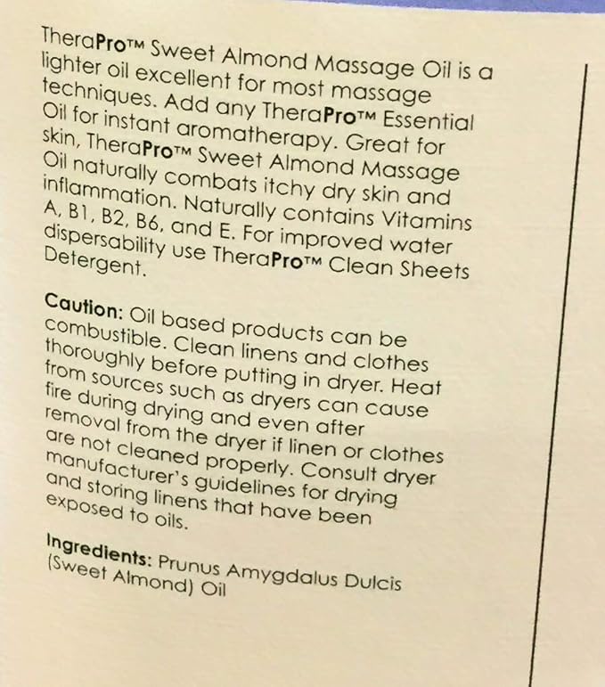 Sweet Almond Massage Oil by TheraPro - Sweet Almond Oil Infused with Vitamins A, B1, B2, B6 & E - Naturally Combats Dry, Itchy Skin & Inflammation - Excellent Light Massage Oil - 8 Ounces