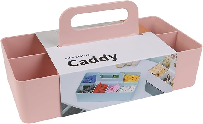 BLUE GINKGO Stackable Organizer Caddy – Korean-Made Portable Tote for Bathroom, Office, Crafts, or School Supplies (Long Rectangle, Pink)