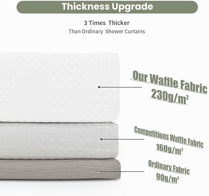 Inhousolu Fabric Shower Curtain Waffle Weave, 230 GSM Heavy Duty, Weighted Hem, 8 Metal Hooks, Water Repellent, Machine Washable, Hotel Spa Luxury Bath Curtain Set, 36 x 72 Inch, White